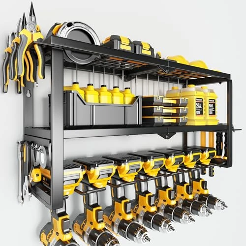 Power Tool Organizer Wall Mount - 150Lbs Load 3 Layers Storage Rack with 7 Drill Holders for Drills Cordless Tools. Heavy Duty Iron Garage Tool Organizer Storage for Workshop Shed Pegboard Basement
