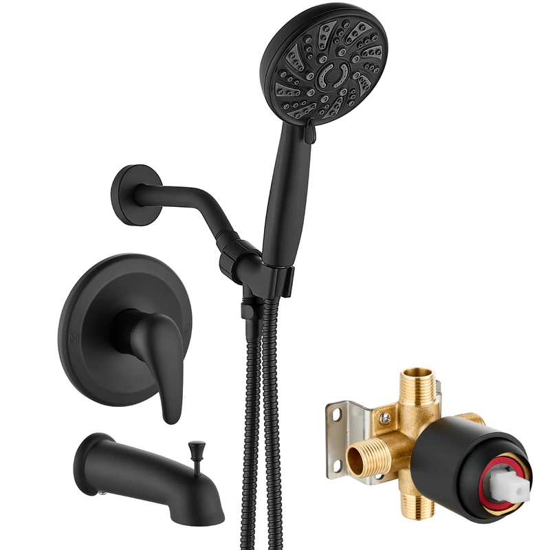 gotonovo Bathroom Shower Head Kit High Pressure Combination System Shower Faucet 6 Modes ABS Hand Shower Trim Kit Valve Included Shower Head and Handle Set Matte Black