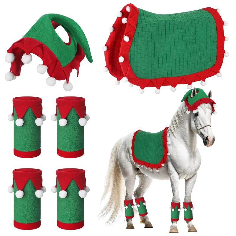 Abbylike 6 Pcs Christmas Holiday Santa Leg Wraps with Faux Fur Trim Holiday Santa Horse Hat All Purpose Santa Saddle Pad for Christmas Horse Costume Accessories (Classic Style, Red,Green)