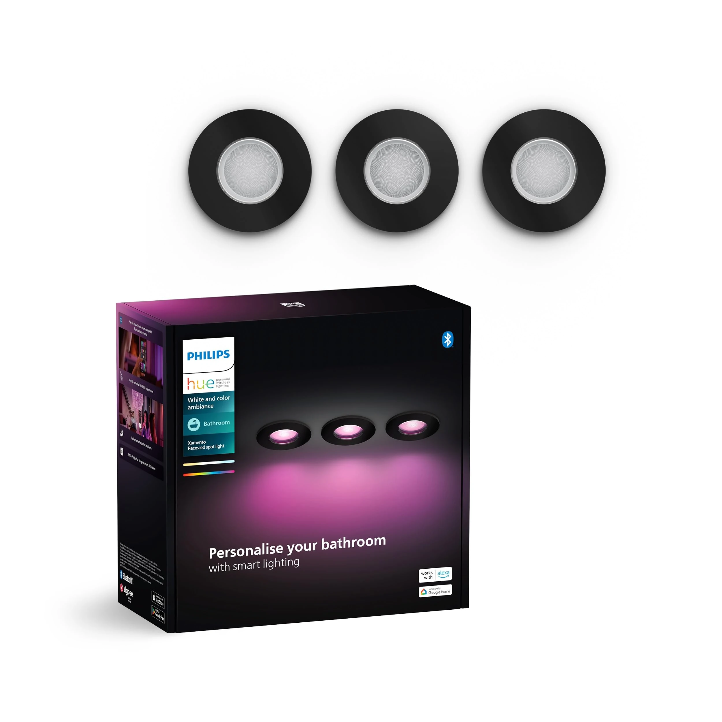 Philips Hue White & Color Ambiance Xamento recessed spotlights 3-Pack, dimmable Bathroom Lights for Hue Lighting System with 16 Million Colours, Intelligent Light Control via Voice and app, Black
