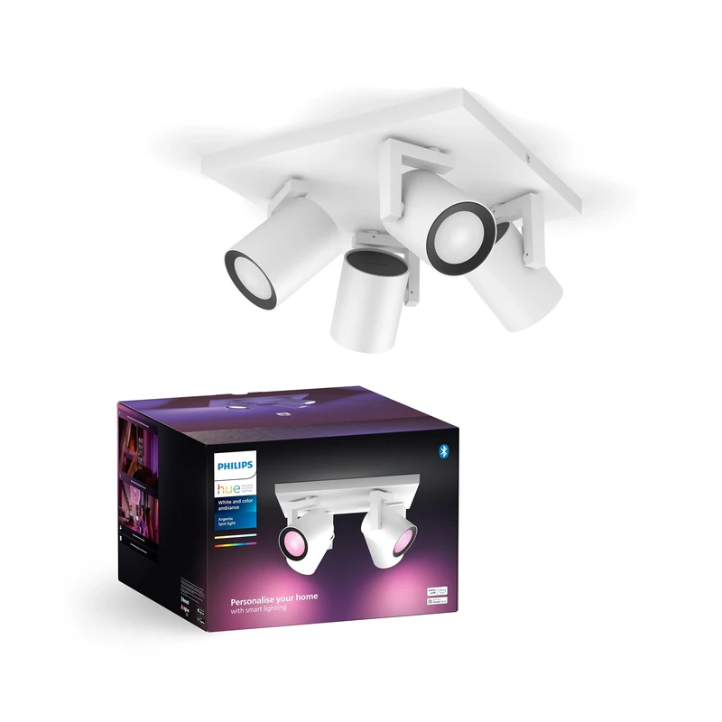Philips Hue White & Color Ambiance Argenta Ceiling lamp with Four spotlights, dimmable LED spotlights for The Hue System with 16 Million Colours, Intelligent Light Control via Voice and app, White.