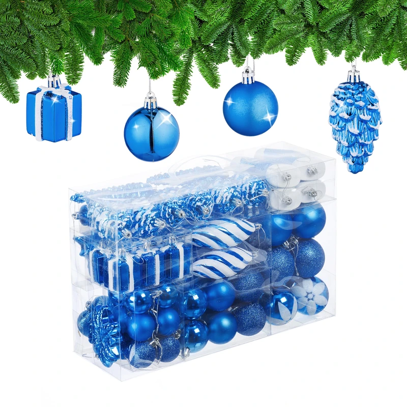 Relaxdays Christmas Ornaments, Set of 72, Glittering, Tree Decorations, Baubles & Cones, Plastic, Hearts & Boots, Blue