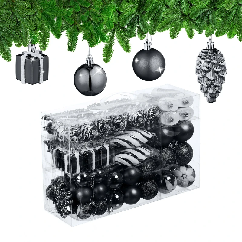 Relaxdays Christmas Baubles Set of 72, Glittering, Matt & Shiny Tree Decorations, Boots, Heart & Cones, Plastic, Black