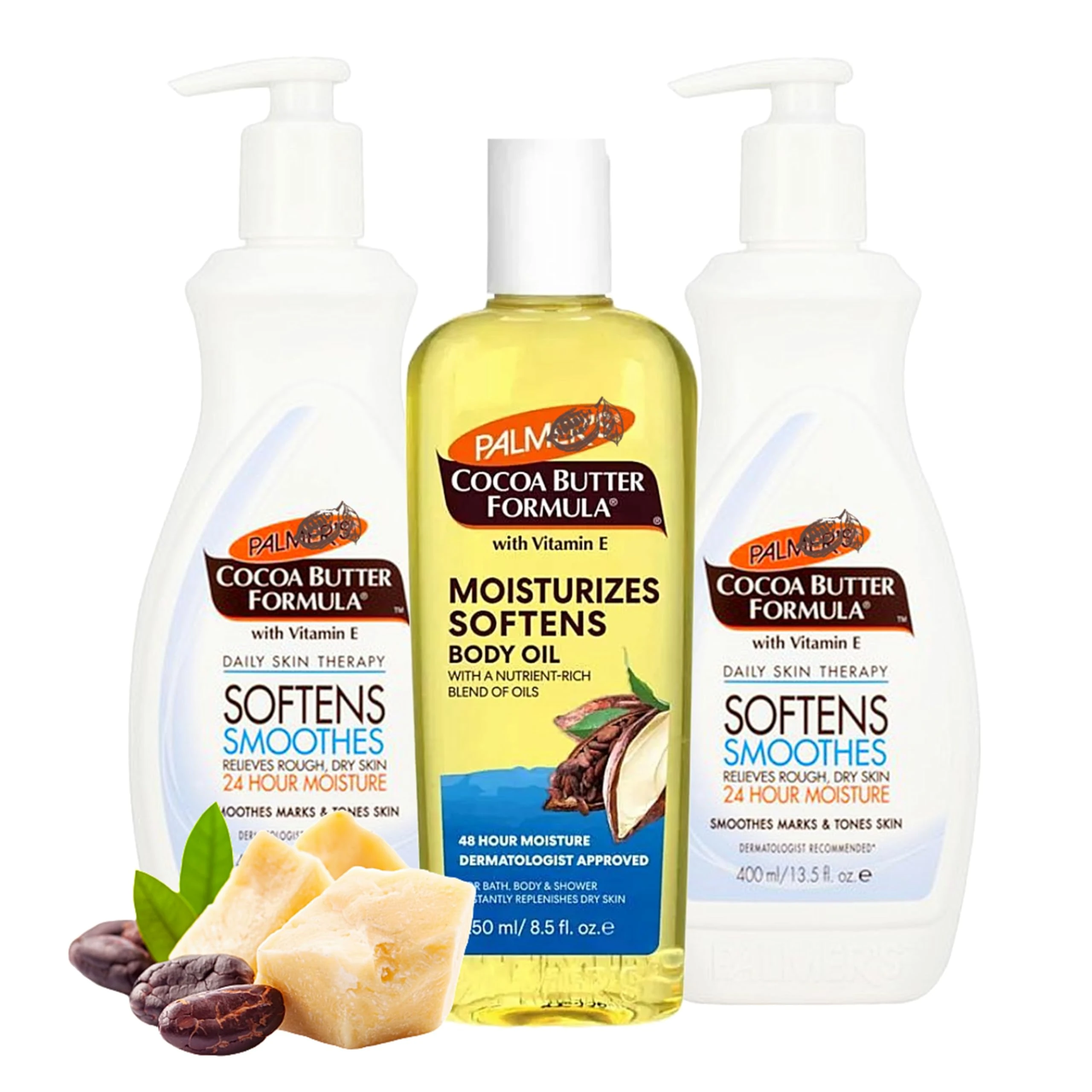 Cocoa Butter Skin Care Bundle - Body Care Bundle of 2 x 400ml Intensive Cocoa Butter Moisturiser Body Lotion & 250ml Body Oil. 24 Hour Body Moisturiser with Vitamin E for Women Birthday Gifts