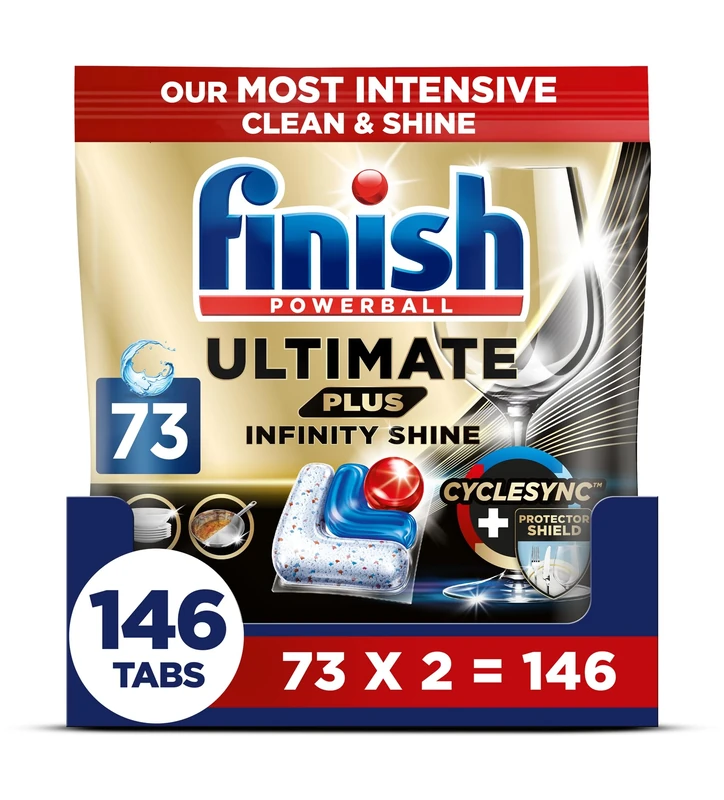 Finish Dishwasher Tablet, Ultimate Plus Infinity Shine, 146 Tabs (73 x 2pck), Fresh Scent, Tough on Grease, Our Most Intensive Clean & Shine, Effective for Short Eco Cycle
