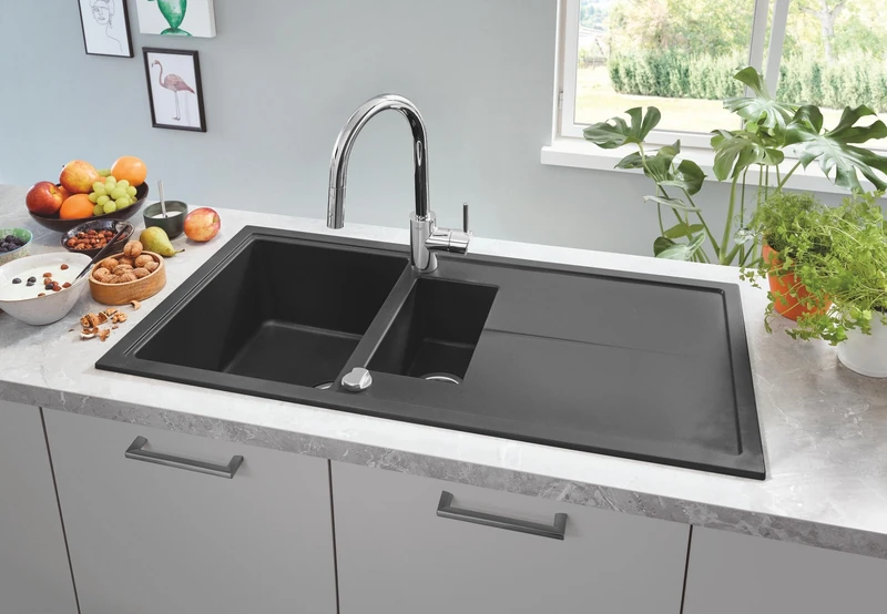 GROHE Kitchen Set of Concetto & K400 Sink – (Granite Black Quartz Composite Sink with Drainer 1 Bowl 335x420x205mm 0.5 Bowl 155x295x146mm Overall 100x50cm, Chrome Pullout Tap Size 381mm Tails 3/8Inch)