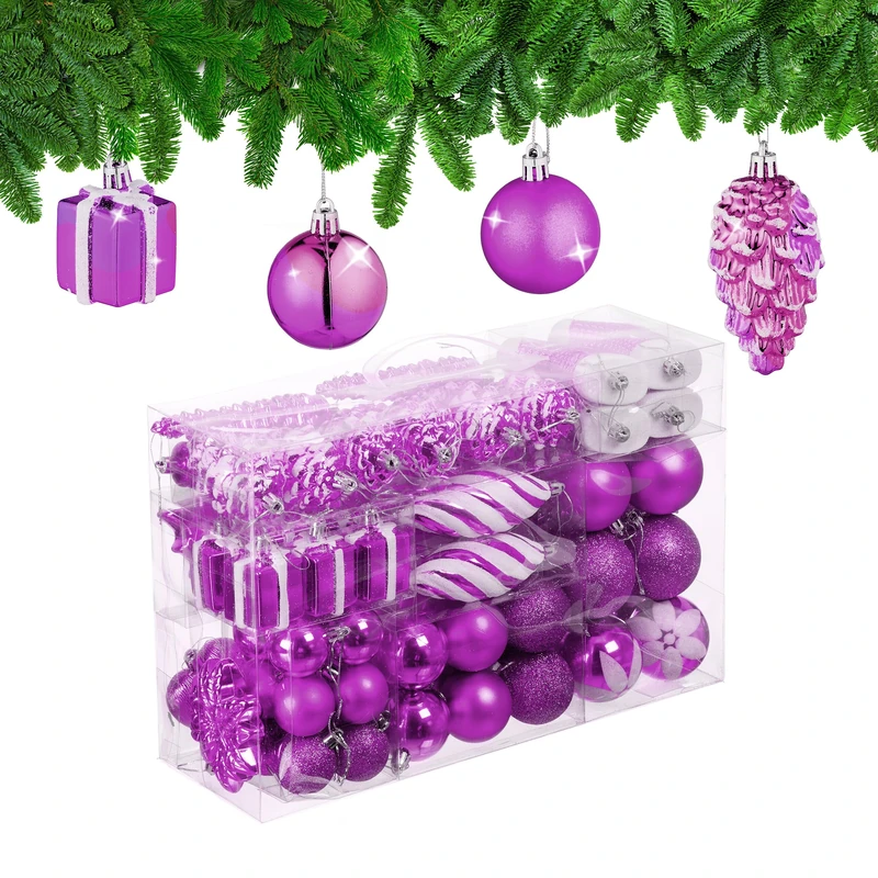 Relaxdays Christmas Baubles Set of 72, Glittering, Matt & Shiny Tree Decorations, Boots, Heart & Cones, Plastic, Pink, 24 x 38 x 12 cm