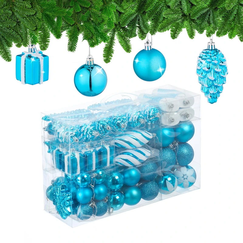 Relaxdays Christmas Baubles Set of 72, Glittering, Matt & Shiny Tree Decorations, Boots, Heart & Cones, Plastic, Petrol, 24 x 38 x 12 cm