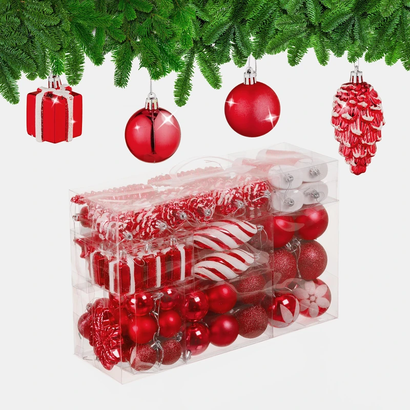 Relaxdays Christmas Baubles Set of 72, Glittering, Matt & Shiny Tree Decorations, Boots, Heart & Cones, Plastic, Red