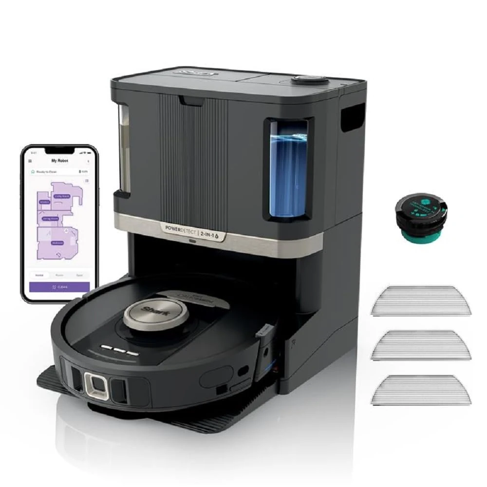 Shark PowerDetect Robot Vacuum and Mop with 60-Day Self-emptying and Cleaning Base - 3D LiDAR Navigation - Wi-Fi / App - 3 Anti-microbial Pads, 1 Odour Cartridge and 2 Brushes Incl. - Black