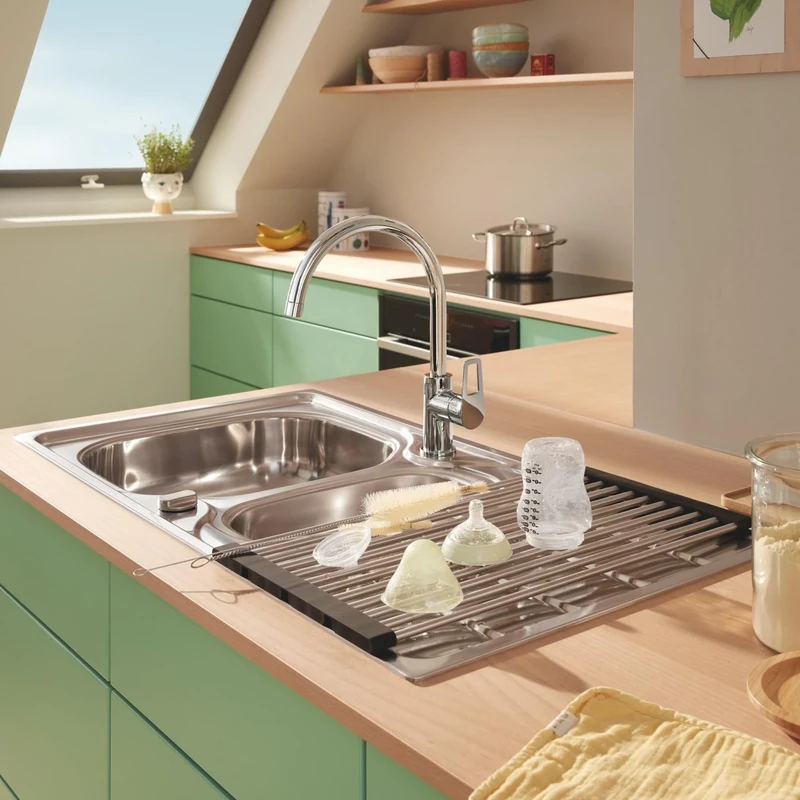 GROHE Kitchen Set of Bauloop Tap & K200 & Foldable Big Dish Rack – (Stainless Steel Sink 1.5 Bowl with Drainer 96.5x50cm, Chrome Tap Size 332mm Tails 3/8", Stainless Steel Drying Rack 450x748mm)