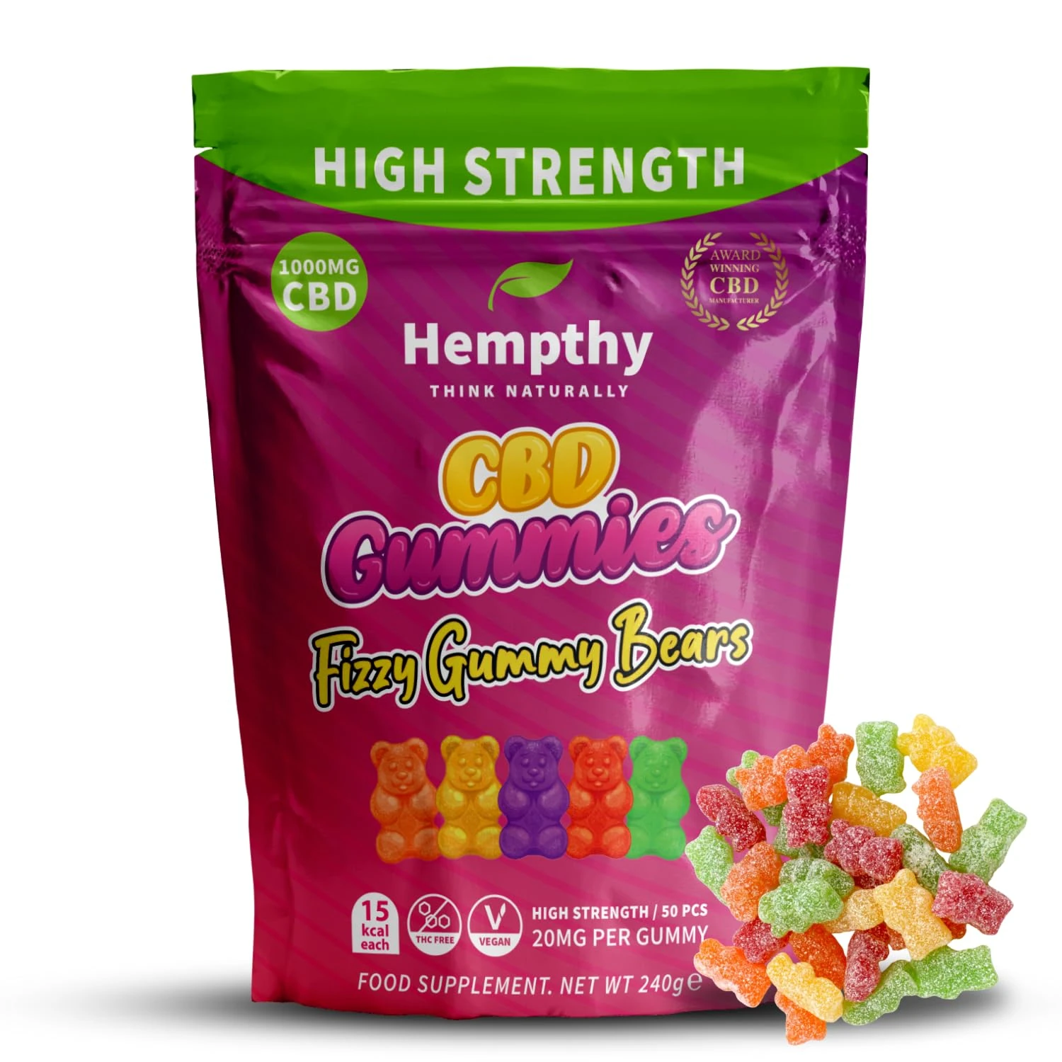 Hempthy High Strength CBD Gummies 1000mg, 20mg x 50 Gummies, HIGH Strength CBD Gummy Bears, 1000mg Total CBD, THC Free, Best UK CBD Gummy Bears, for Pain Relief, Stress Relief & Better Sleep