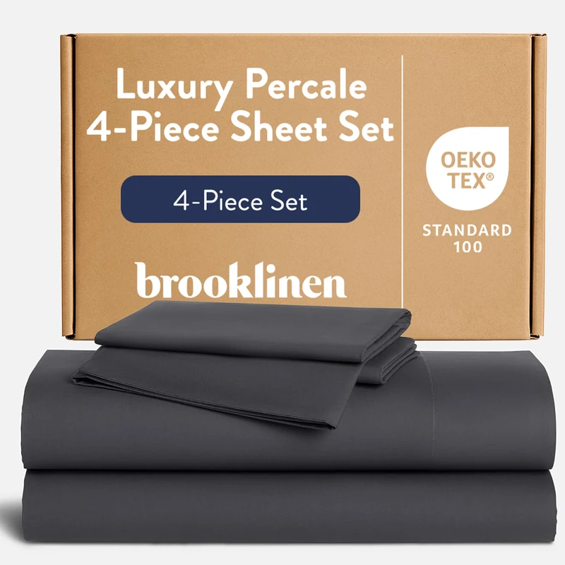 Brooklinen Luxury Percale Sheet Set - 4 Piece 100% Cotton Bed Sheets - 1 Fitted & 1 Flat Sheet, 2 Pillowcases - Cotton Percale Sheets for Hot Sleepers (King Size, Slate Grey)