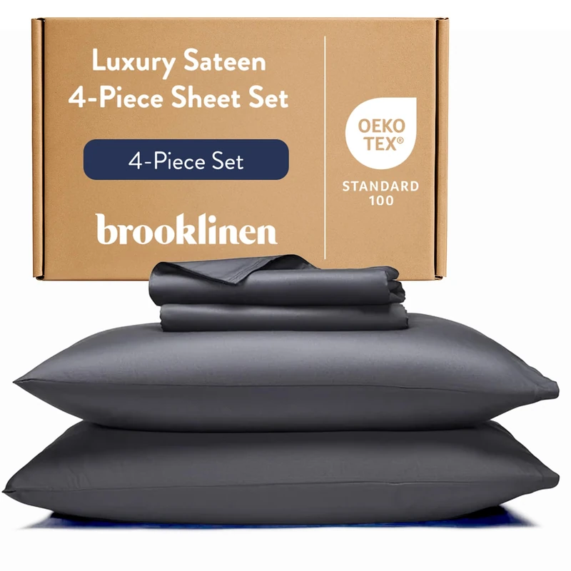 Brooklinen Luxury Percale Sheet Set - 4 Piece 100% Cotton Bed Sheets - 1 Fitted & 1 Flat Sheet, 2 Pillowcases - Cotton Percale Sheets for Hot Sleepers (Queen Size, Slate Grey)