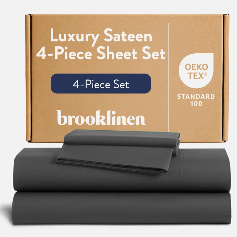 Brooklinen Luxury 4 Piece Satin Duvet Cover Set 100% Cotton Queen Size Slate Grey 1 Fitted Sheet 1 Flat Sheet 2 Pillowcases - Image 1