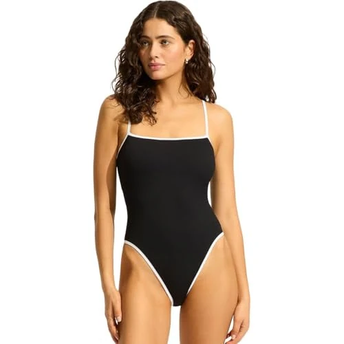 Seafolly Women's Square Neck High Legline One Piece Swimsuit, Beach Bound Black, 12