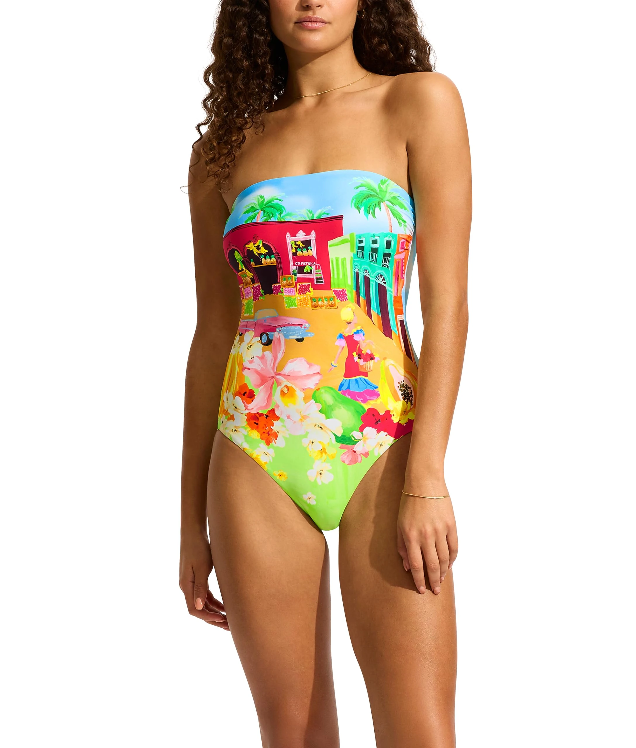 Seafolly Women's Bandeau One Piece Swimsuit with High Cut Leg, Cuba Turquoise, 12