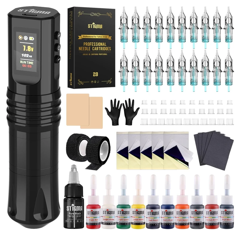 STIGMA Wireless Rotary Tattoo Pen Machine - 1800 mAh Battery with Tattoo Cartridge Needles and Ink for Artists