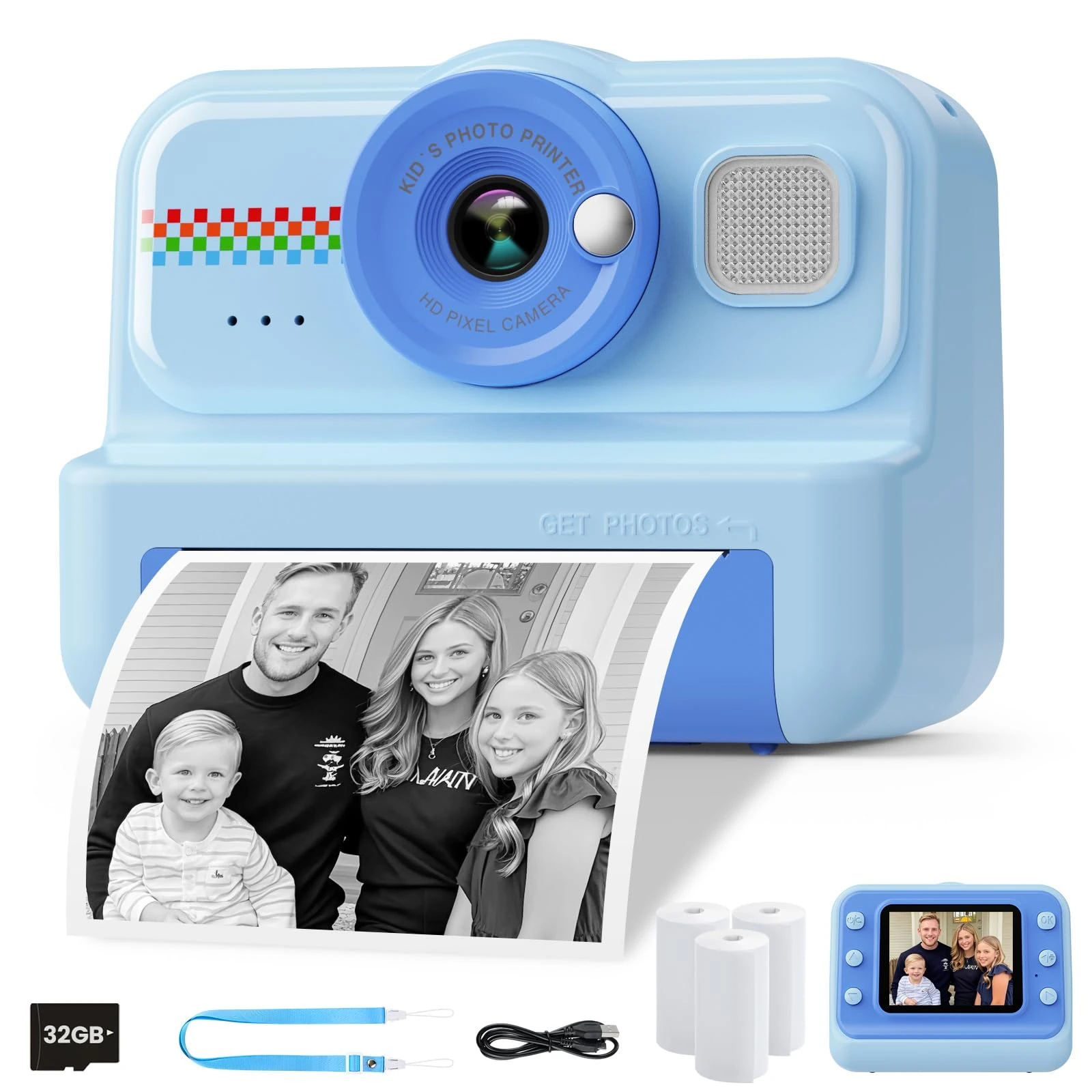 HiMont Kids Camera Instant Print, 1080P Instant Print Camera for Kids with 32GB Card & 3 Rolls Paper, Selfie Digital Camara, Funny Toys Gifts for Boys & Girls Age 3-12 (Blue)