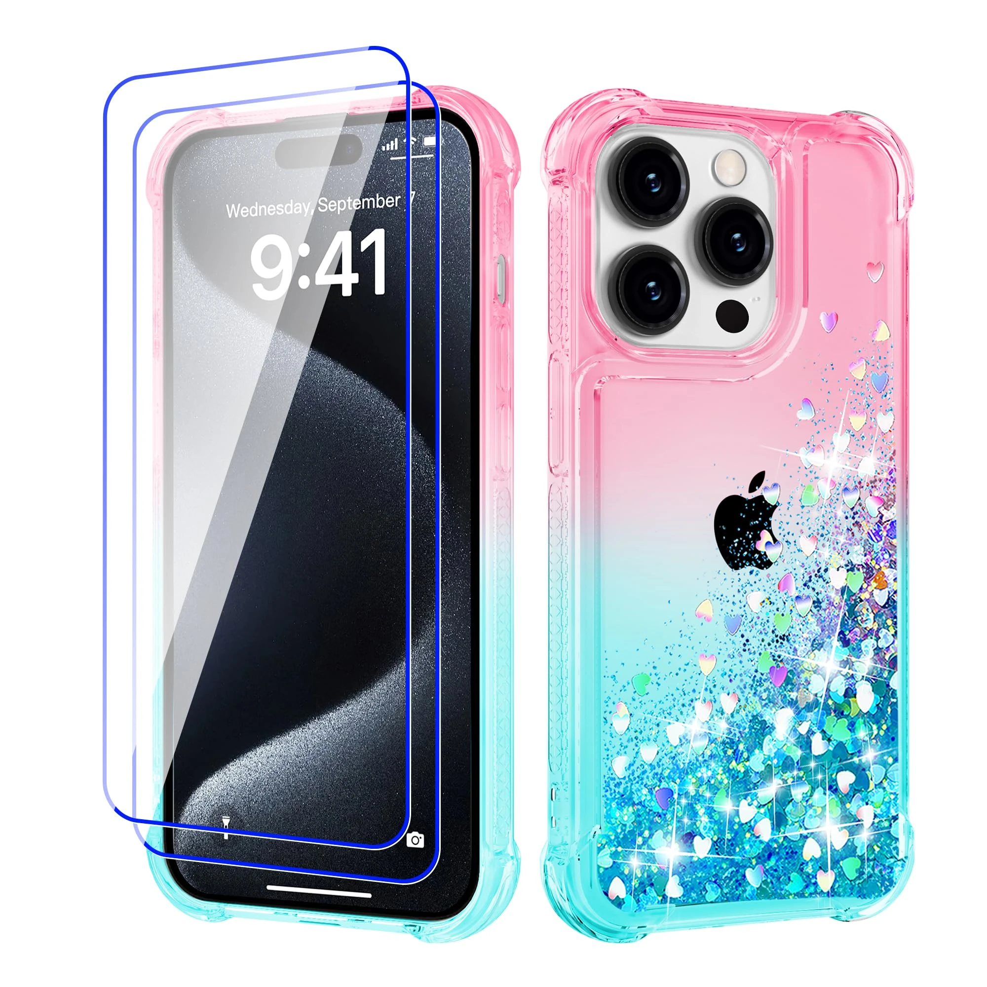 Pilaru Lovely for iPhone 15 Pro Case [2 Screen Protector] Clear Liquid Heart Glitter Soft TPU Cover Transparent Girly Shockproof Protective Phone Case for iPhone 15 Pro,Rose-Green