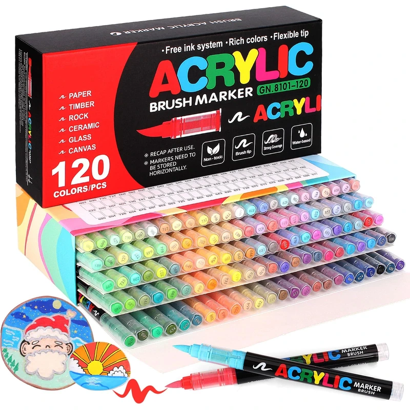 Laconile 120 Colours Accrylic Paint Brush Markers Set -Paint Pens Acrylic Markers for Rock Painting Cermic Glass Stone Metal Fabric, Water-based Acrylic Paint Pens with 1-5MM Flexible Brush Tip