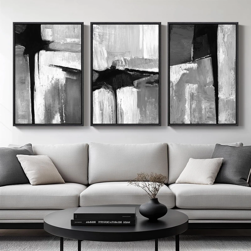 Framed Black and White Gray Modern Abstract Wall Art for Living Room, Set of 3 Piece Big Canvas Paintings Artwork for Walls, Minimalist Art Prints Pictures for Home Office Hallway Wall Decor 24x36
