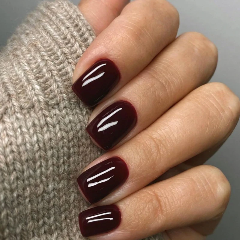 Wine Red Press on Nails - 24pcs French False Nails - Short Square Fake Nails with Glue - 12 Sizes Glossy Cherry Stick on Nails - Full Cover French Tip False Nails for Women and Girls Nail Art