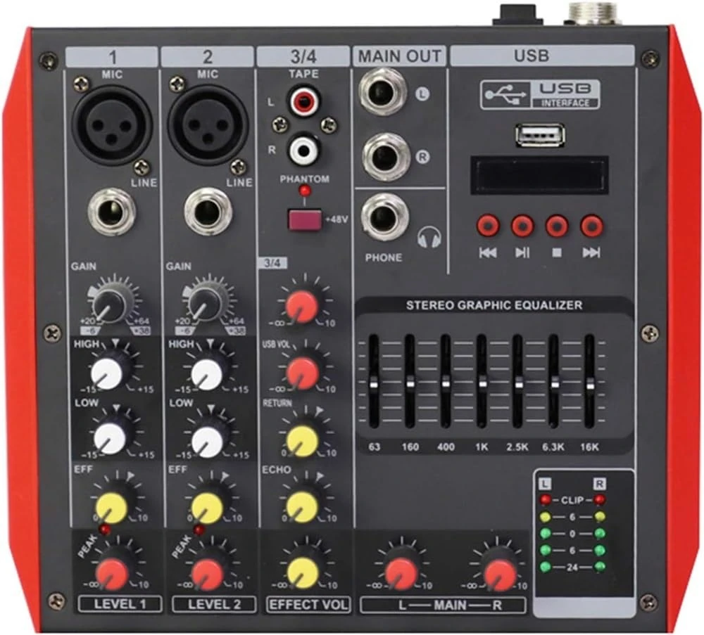 Studio Mixing Desks, Mini DJ Mixer USB interface controller Family KTV 4/6/8 channels DJ Audio Mixer +48v stereo mixer Small performance stage home professional Bluetooth effect mixer(4 way)