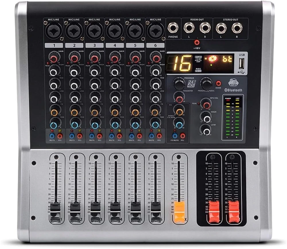 Studio Mixing Desks, Live Mixers 6 Channels Mixing Console with Mute and PFL Switch Bluetooth Record 3 band 16 DSP Effect Professional USB Audio Mixer DJ Mixer
