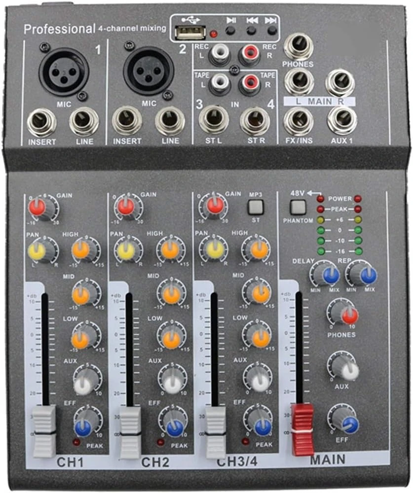 Studio Mixing Desks, Karaoke Mixer Professional 4 Channel Studio Audio DJ Mixing Console Amplifier Digital Mini Microphone Sound Mixer Sound Card