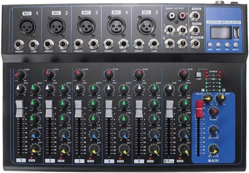Studio Mixing Desks, DJ Mixer Bluetooth Portable Audio Mixer 7 Channel w/USB DJ Sound Mixing Console MP3 Jack Karaoke 48V Amplifier Karaoke KTV Match Party