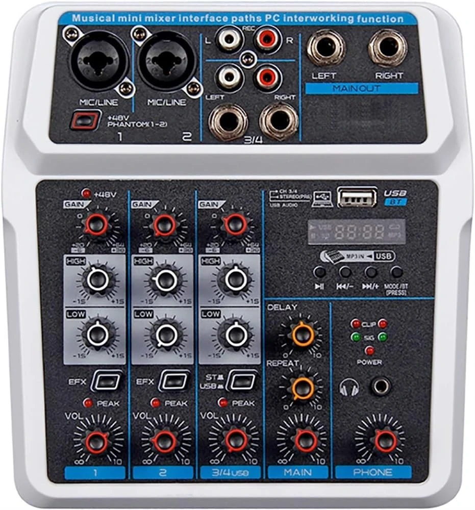 Studio Mixing Desks, DJ Mixer 4 channel Protable digital DJ console audio mixer with Sound Card, Bluetooth, USB, 48V for DJ PC Recording Live broadcast