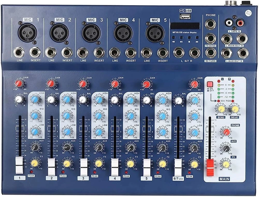 Studio Mixing Desks, 7-Channel Digital Mic Line Audio Sound Mixer Mixing Console with USB Input 3 Bands Equalizer for Recording DJ Stage Karaoke Music Appreciation