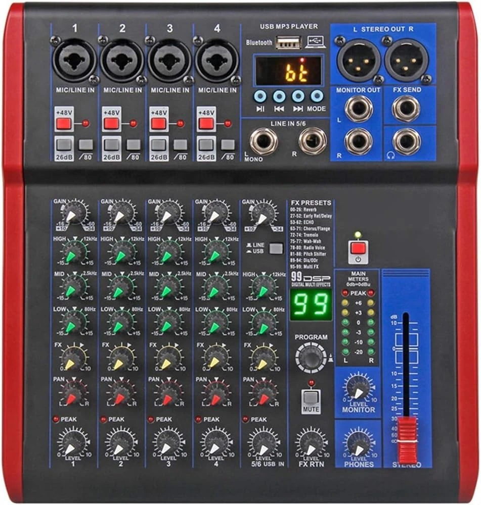 Live Mixers, Studio Mixing Desks 6 Channel DJ Controller with 99DSP Reverb effect Bluetooth 5.0 USB Mixer for karaoke PC recording condenser mic DJ Mixer