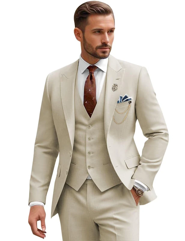 SPTALLFITJSV Mens Suits 3 Piece Wedding Business Suit for Men Three Piece Suits Slim Fit Formal Peak Lapel Suit Set, Beige, L
