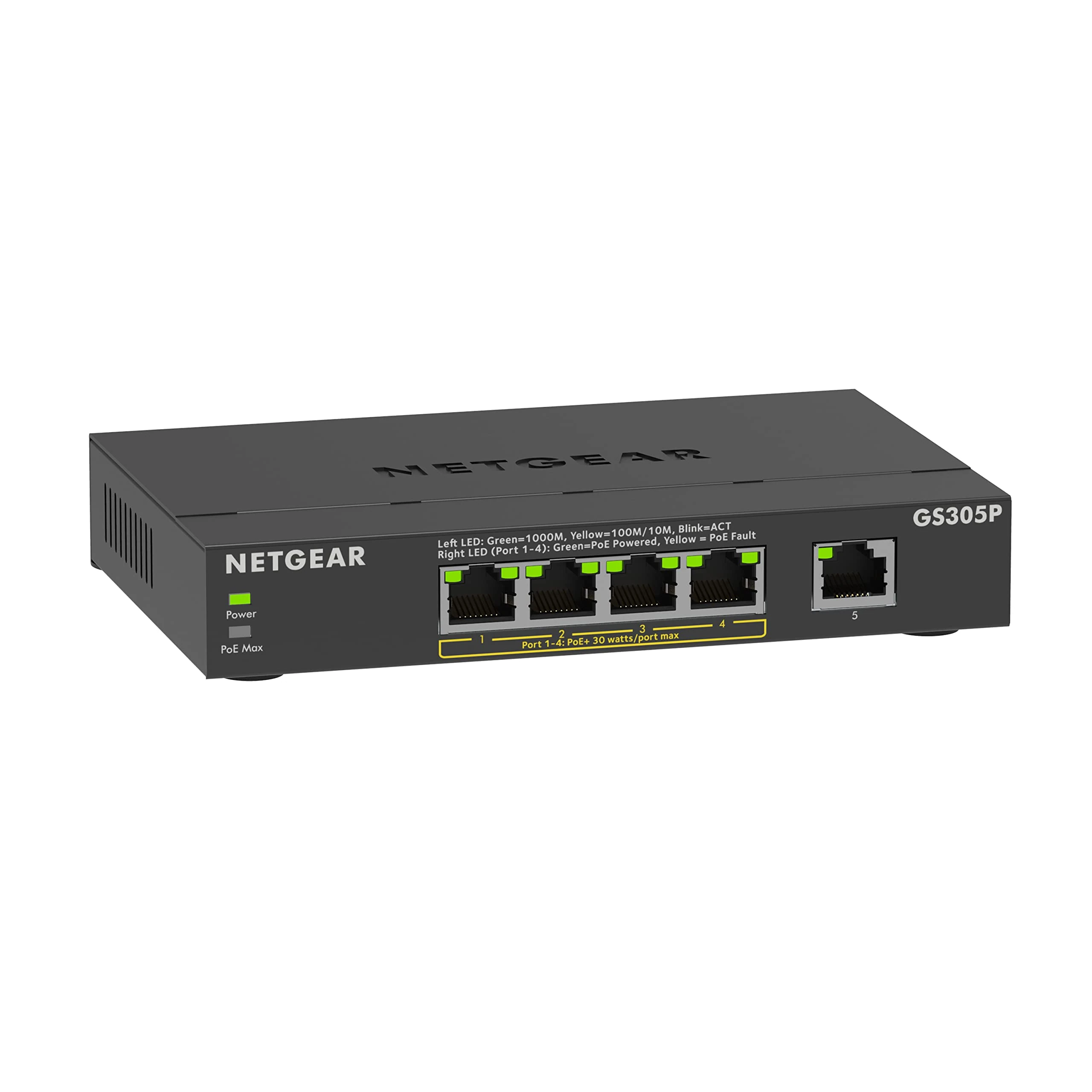 NETGEAR PoE Switch 5 Port Gigabit Ethernet Plus Network Switch (GS305PV3) - with 4 x PoE+ @ 63W - Desktop or Wall Mount