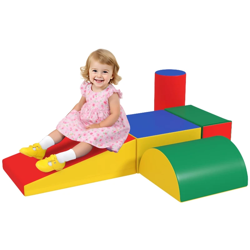 HOMCOM 5 Piece Kids Soft Play Set, Climb and Crawl Activity Toys Set for Baby Toddler, Soft Foam Blocks Indoor Play Equipment Learning Toys Yellow