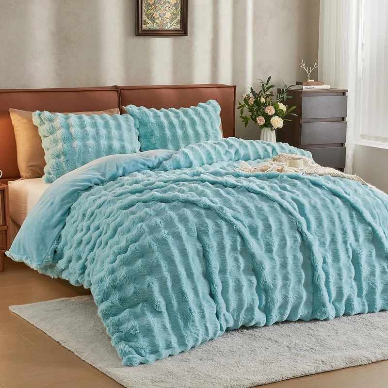 JELLYMONI - Plush Duvet Cover Set Queen Size Light Blue Fur Duvet Cover 3 Pieces Bedding Set Luxury Ultra Soft Striped Duvet Cover with Zipper Closure and 2 Shams