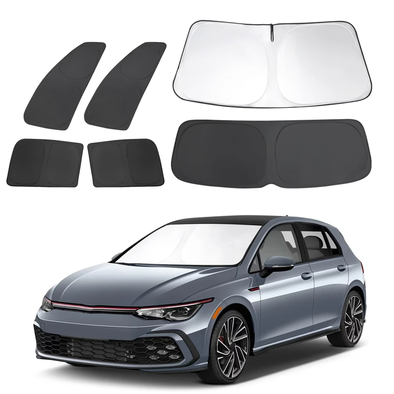 8PCS Windshield Sun Shade Custom Fit for 2022-2025 Volkswagen VW Golf Mk8 Accessories Foldable Sunshade Side Rear Window Shade Cover Full Set Privacy Protection Keeps Car Cool