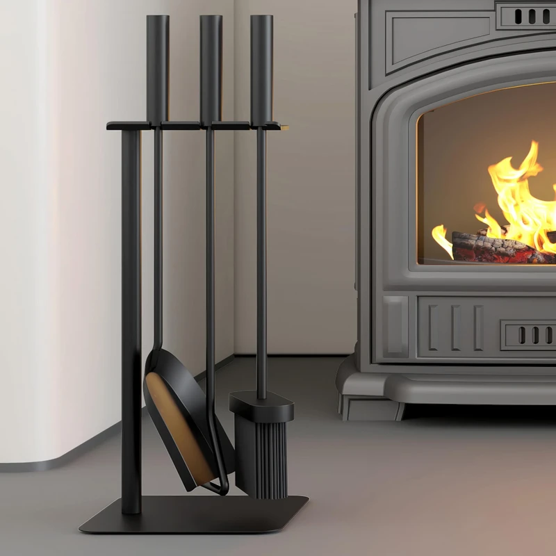 Kingson 4-Piece Fireplace Tool Kit Brush, Shovel, Poker, and Stand 16x16x45cm Log Burner Accessories Stylish Fireside Companion Set