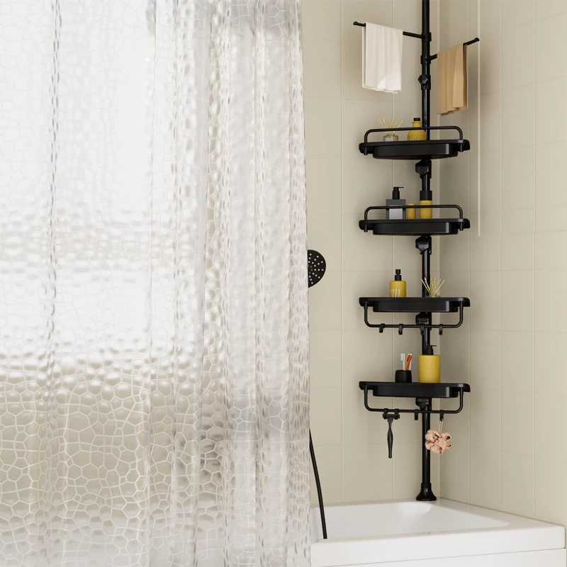 XLHOMO 32-122inch Corner Shower Caddy Tension Pole with Shower Curtain, Rustproof Drill-Free Adjustable Shower Shelves for Bathroom Bathtub Washbasin, with 4 Tier Patent Stable Shelves & Towel Bars