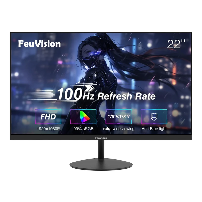 FeuVision 22inch Computer Monitor, FHD 1080p, 100Hz PC Monitor, 4ms Response Time, 3-Sided Frameless, Ultra Slim, VESA Mountable, Anti-Blue Light Design, HDMI, VGA