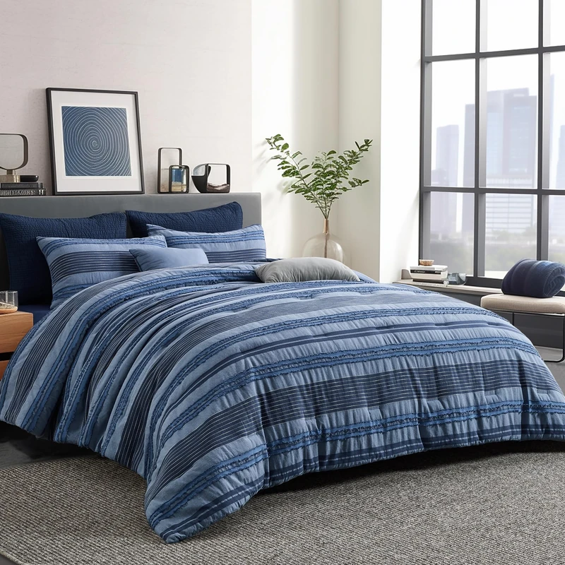 Wonderful Denim Blue Comforter Set King Size, Yarn Dyed Farmhouse Striped Cotton Lightweight Boho Comforter with Pillow Shams, Fluffy Bedding Set for All Season