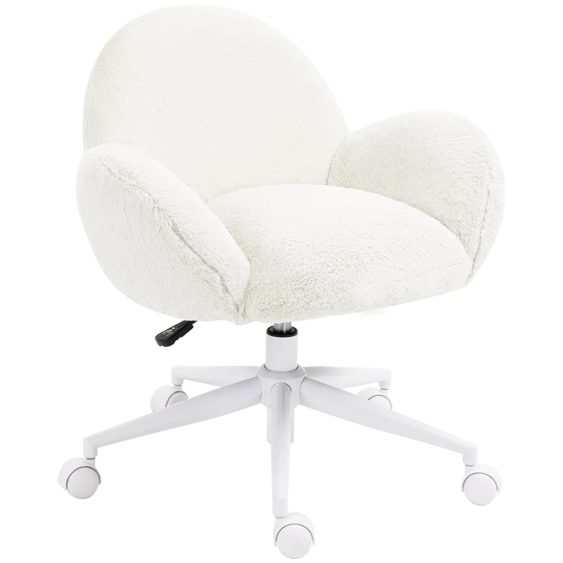 HOMCOM Fluffy Leisure Chair Office Chair with Backrest and Armrest for Home Bedroom Living Room with Wheels Cream White
