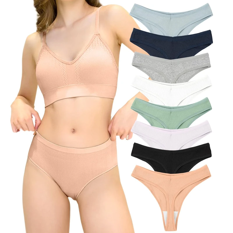 Zouwel 8PCS Cotton Thongs for Women, Sexy Ladies Underwear Panties Hipster Bikini Lingerie String Thong Underpants Women's Briefs Set Multicolor