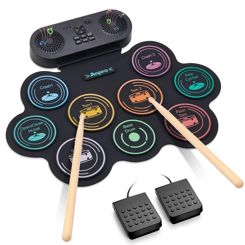 Anpro Electric Drum Set,9 Drum Pad with Dual Stereo Speakers,Support Headphone/Bluetooth/MIDI Practice,Gift for Children and Adult Beginner