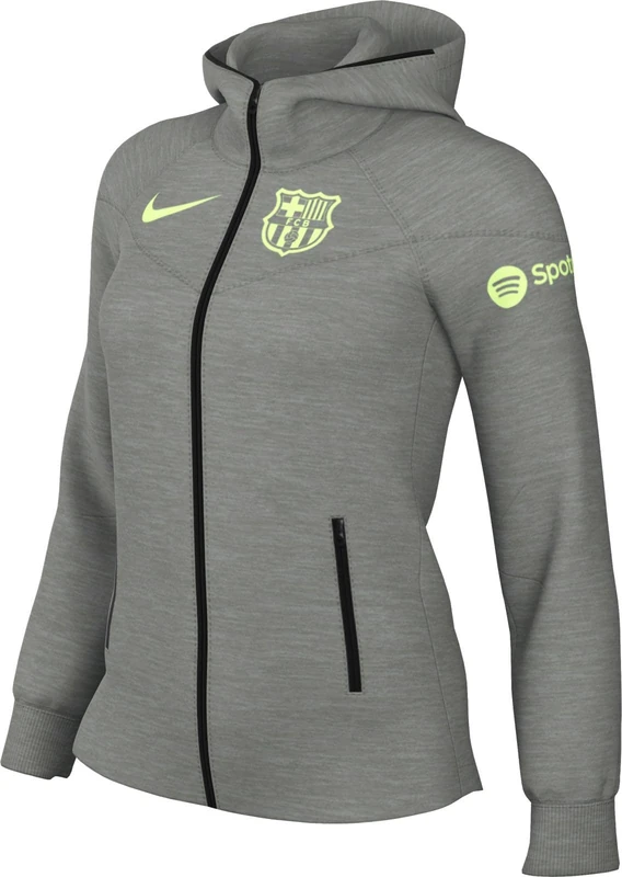 Nike FC Barcelona Top FCB W NSW Tch FLC Wr Fz HDY, Dk Grey Heather/Barely Volt, FN8443-065, L