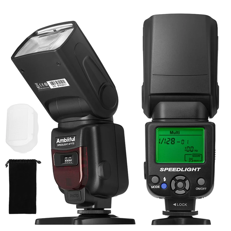 AMBITUOUS AF970 Flash Speedlite for Canon Nikon Sony Olympus Fuji Panasonic, 2.4G Wireless, Recycle Time 0.1-2.5s, Adjustable Flash Head W/LCD Panel & Single-Contact Hotshoe
