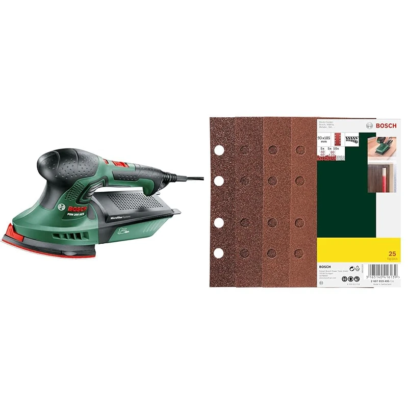 Bosch Home and Garden Multi-Sander PSM 200 AES (200 W, 2X Sanding Papers, Rectangular Plate, in case) + 25-Piece Sanding Sheet Set (Different Materials, Grit Size 40/60/80/120, 8 Holes, Accessories) - Image 1