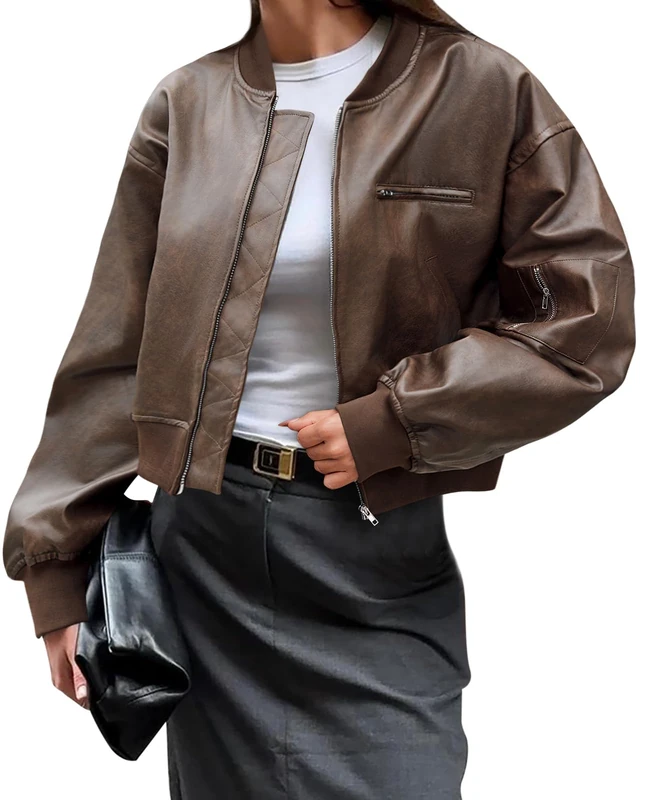 Cicy Bell Womens Faux Leather Bomber Jackets Baseball Collar Zip Up Cropped Biker Coat with Pockets, Brown, Small